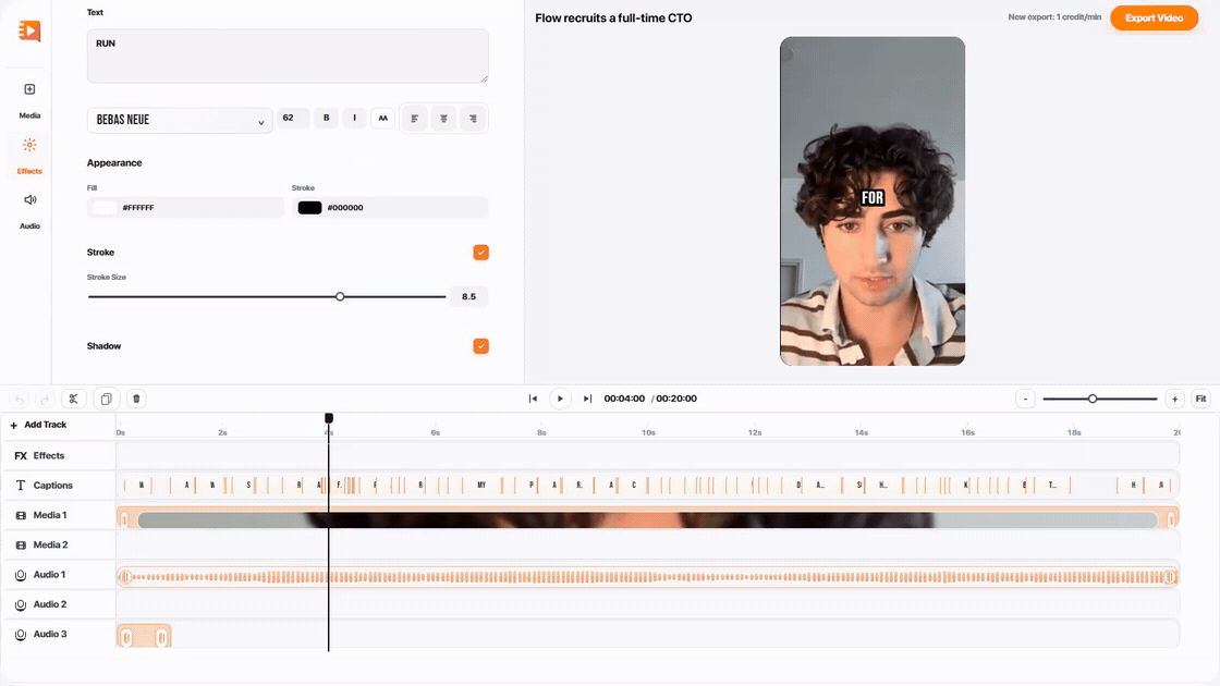 Clipframe editor showing caption controls and a real video timeline